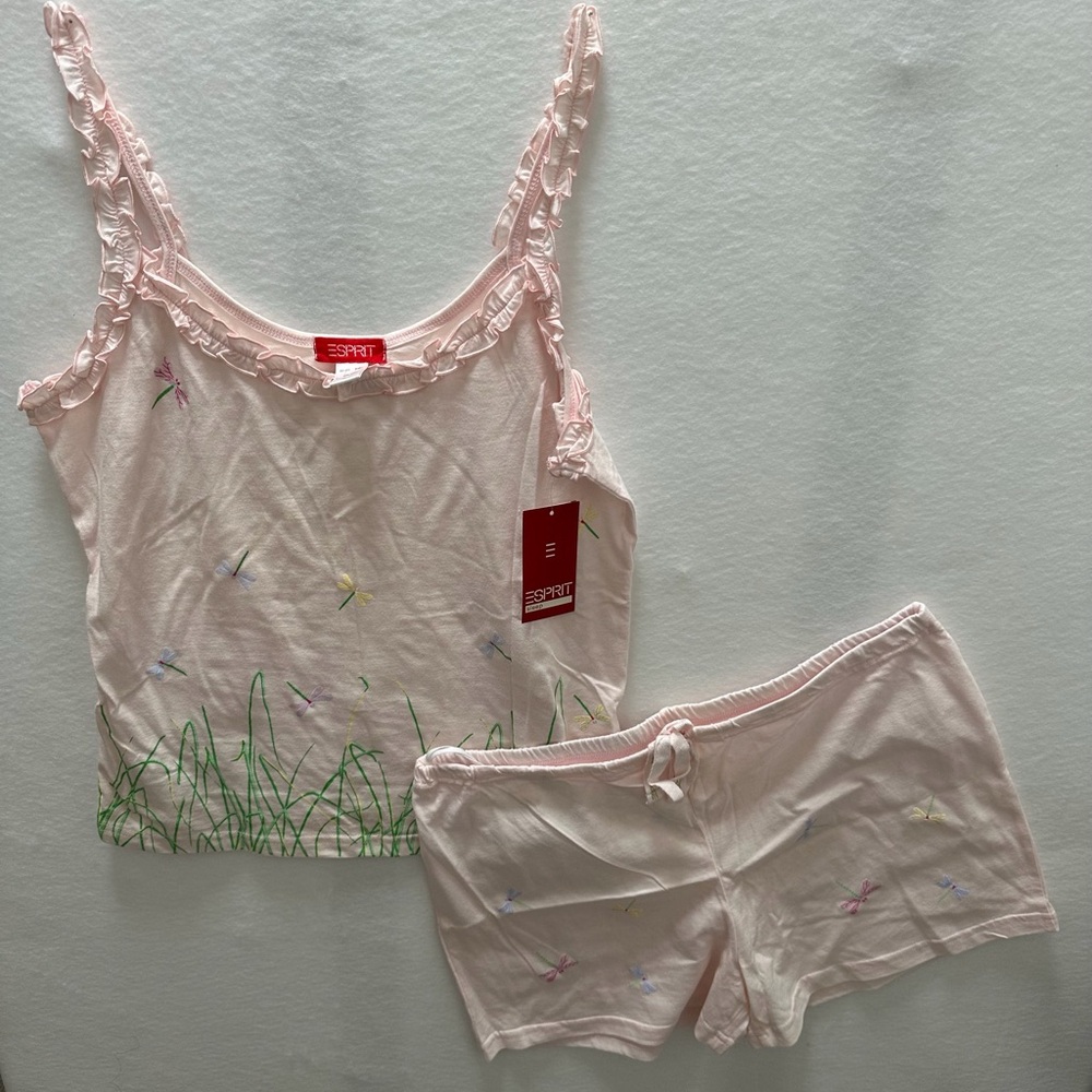 Esprit Pink Ruffle-Trim Tank & Shorts Sleep Set Size Large